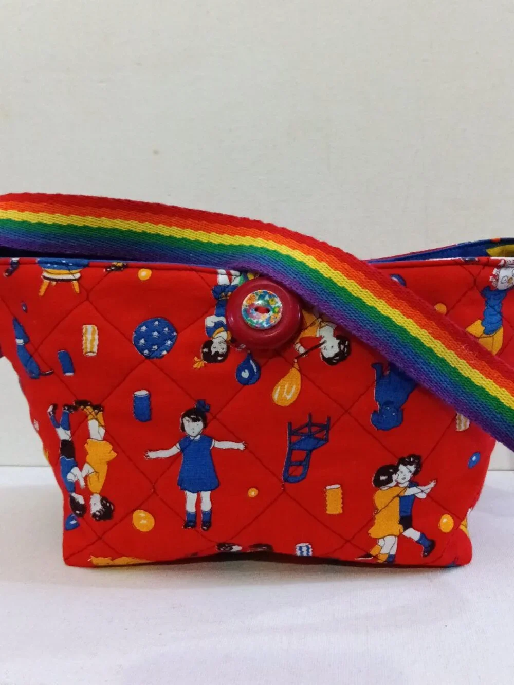 Children's Artisan Quilted Purse Tote Set, Vintage Motif Fabrics, Buttons, Robot